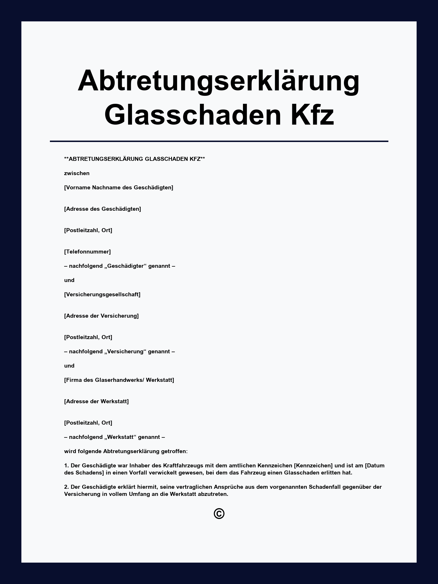 Abtretungserklärung Glasschaden Kfz