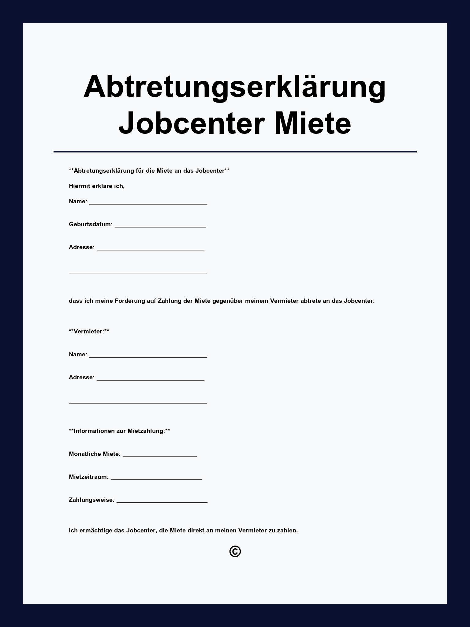 Abtretungserklärung Jobcenter Miete Vorlage