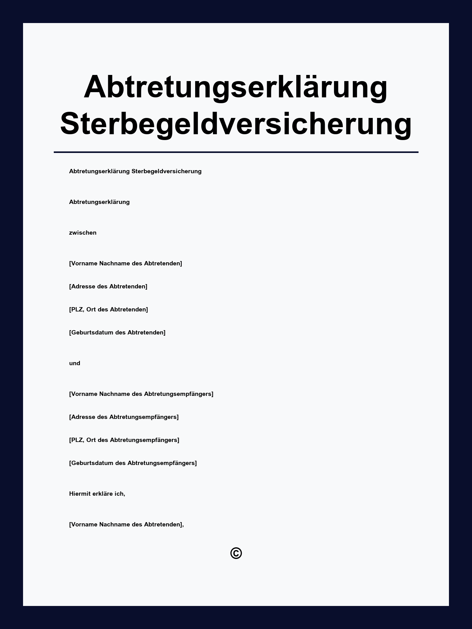 Abtretungserklärung Sterbegeldversicherung Muster