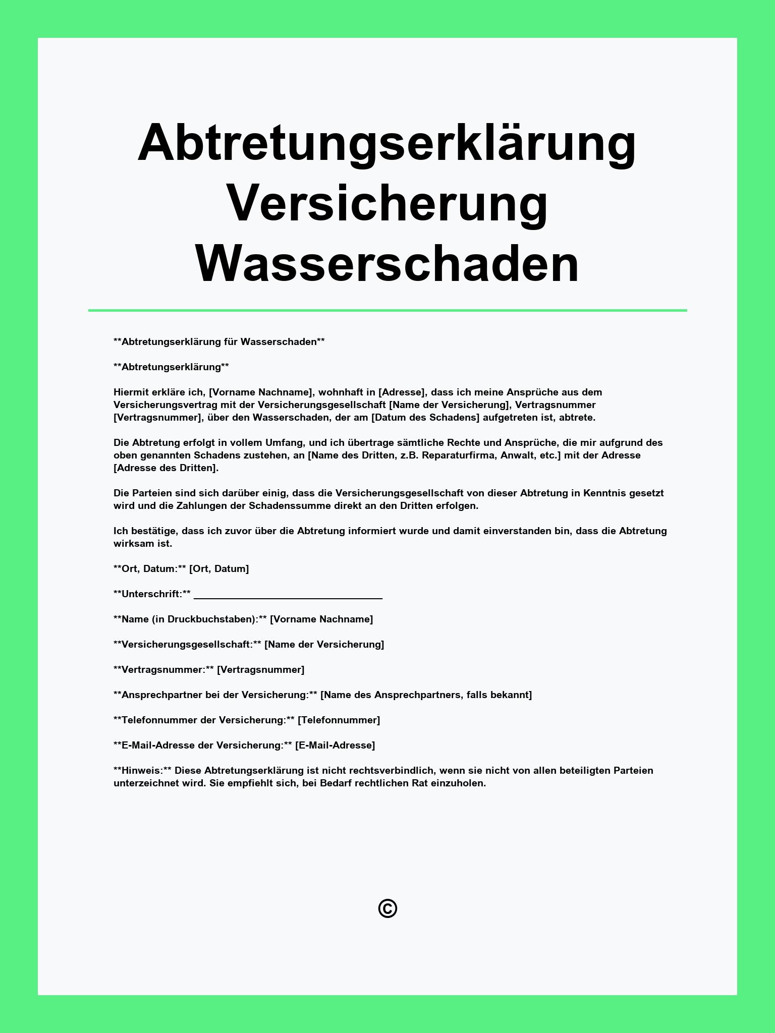 Abtretungserklärung Versicherung Wasserschaden Vorlage
