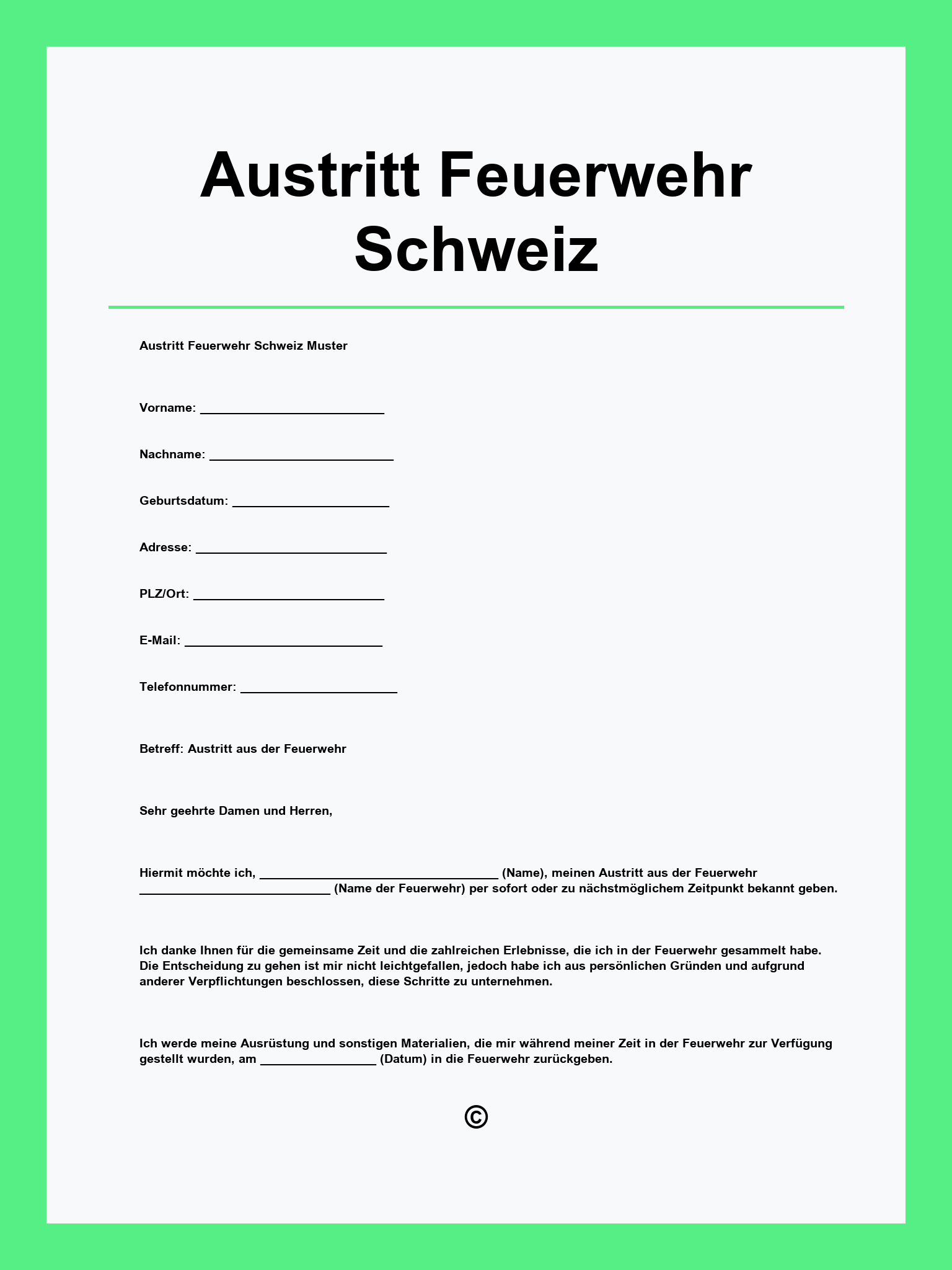 Austritt Feuerwehr Vorlage Schweiz