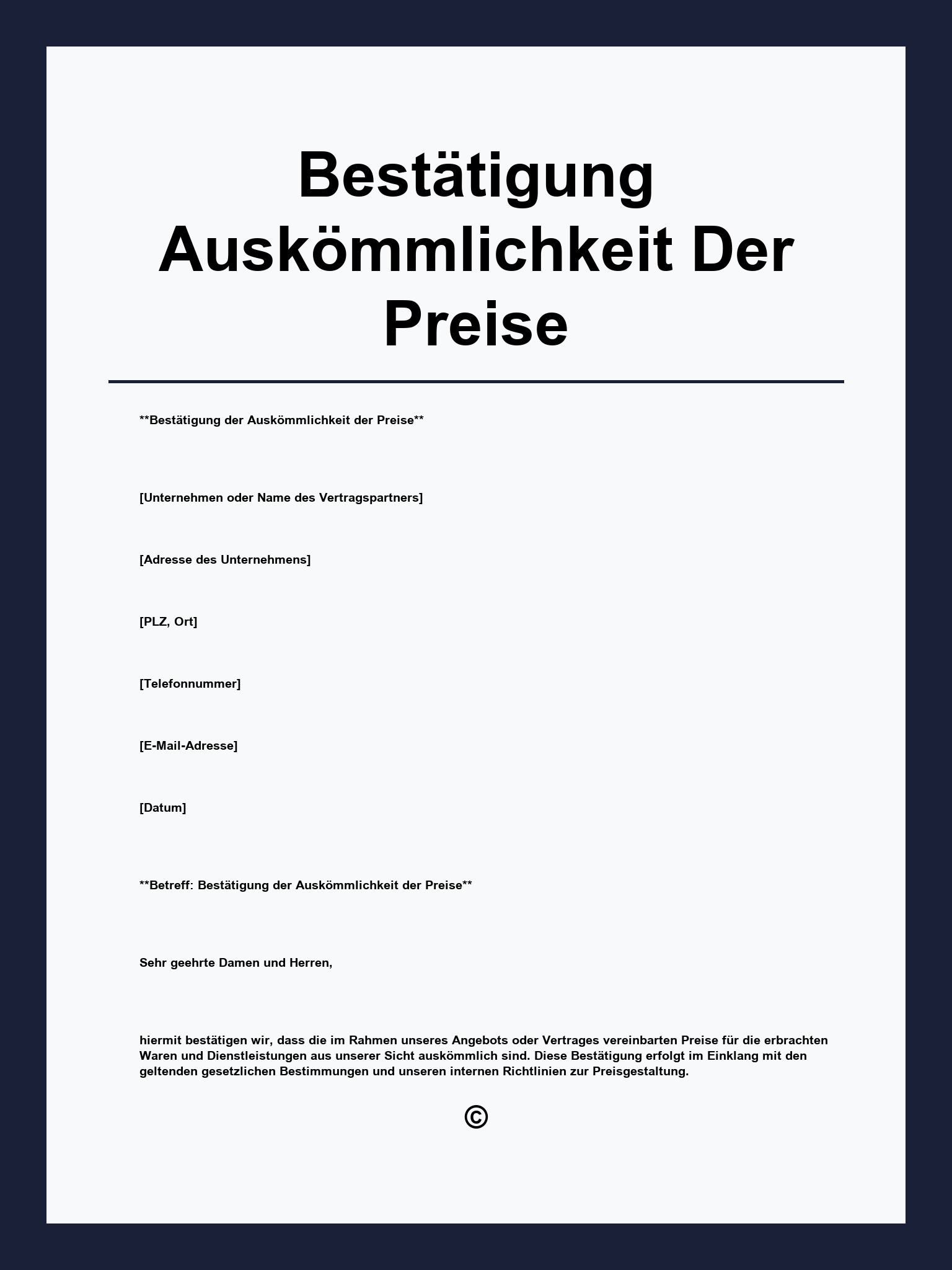Bestätigung Auskömmlichkeit Der Preise Muster