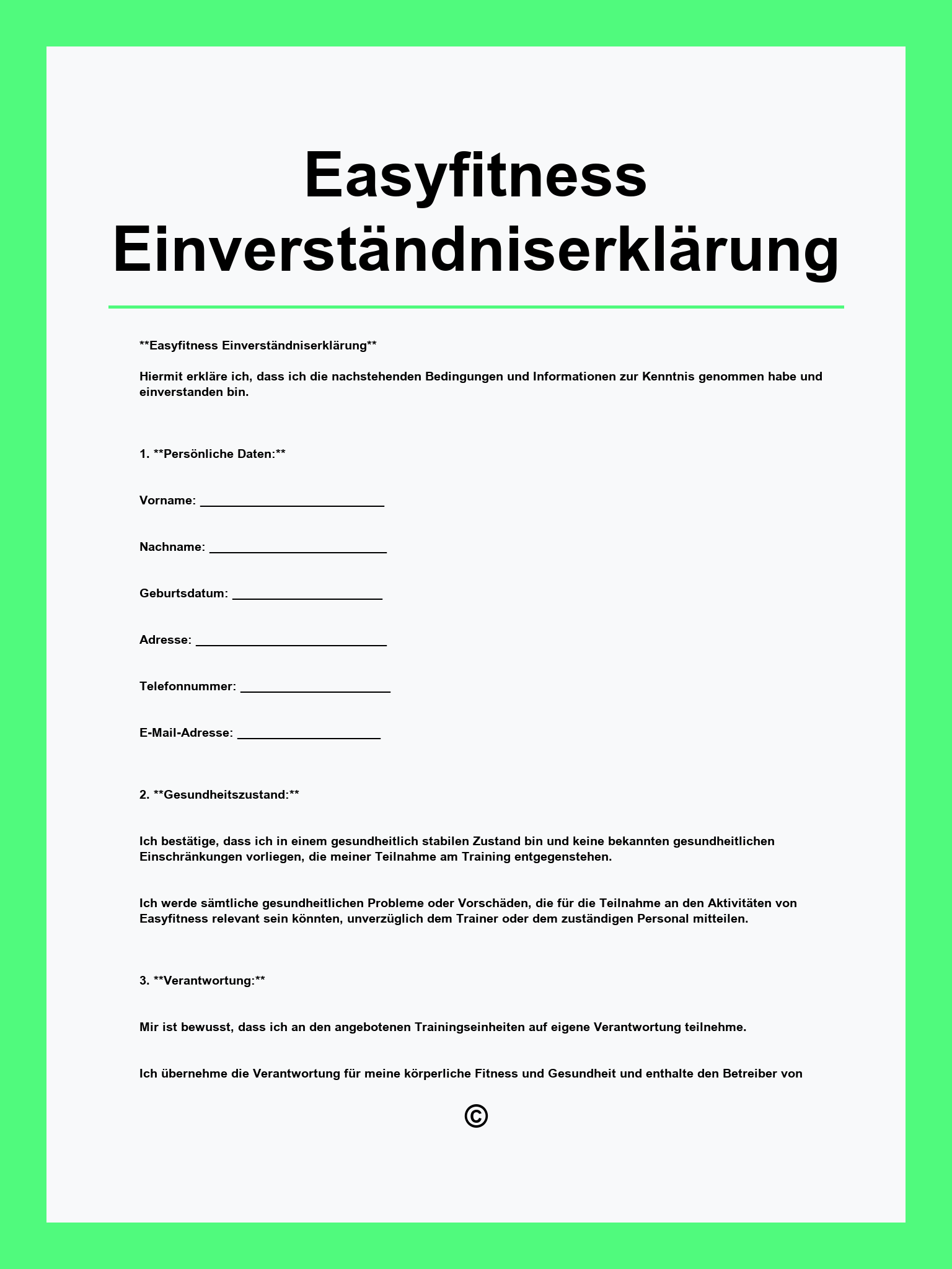 Easyfitness Einverständniserklärung
