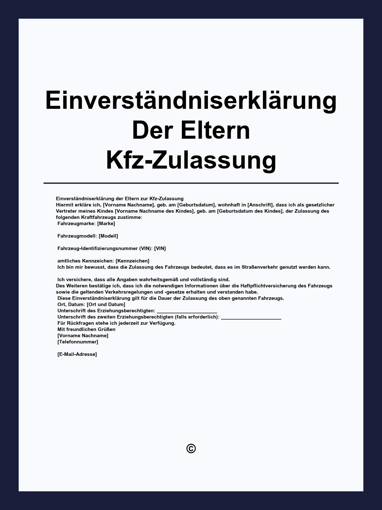 Einverständniserklärung Der Eltern Vorlage Kfz-Zulassung