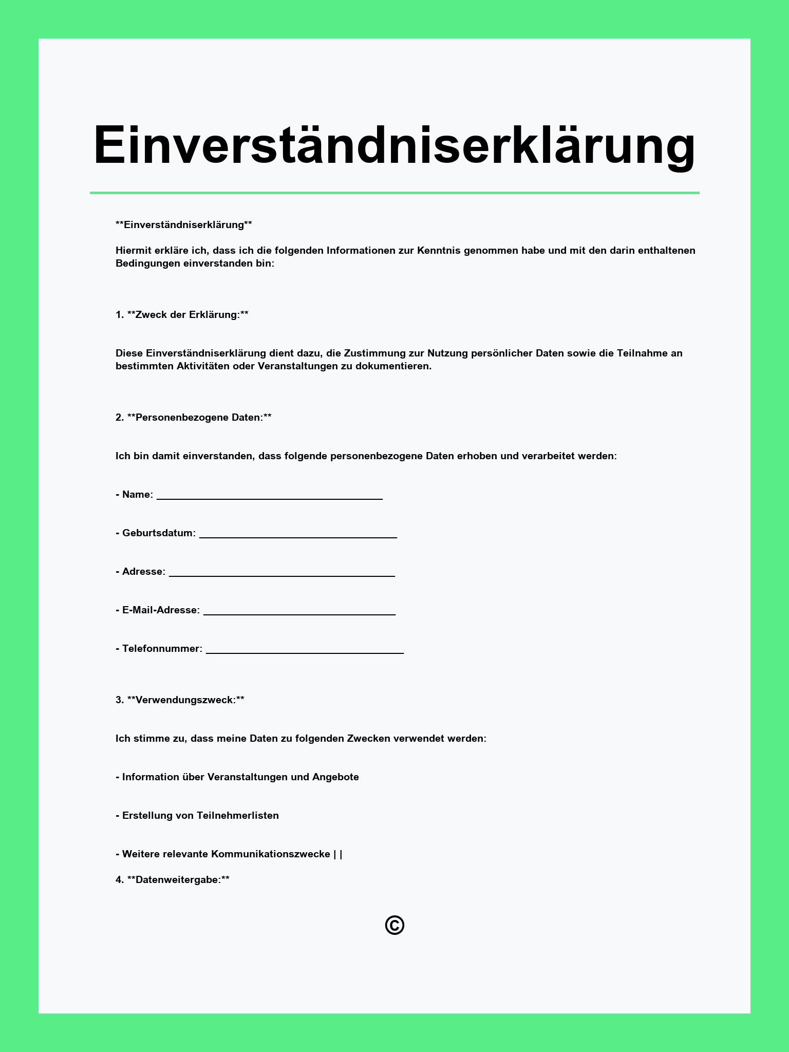 Einverständniserklärung Vorlage