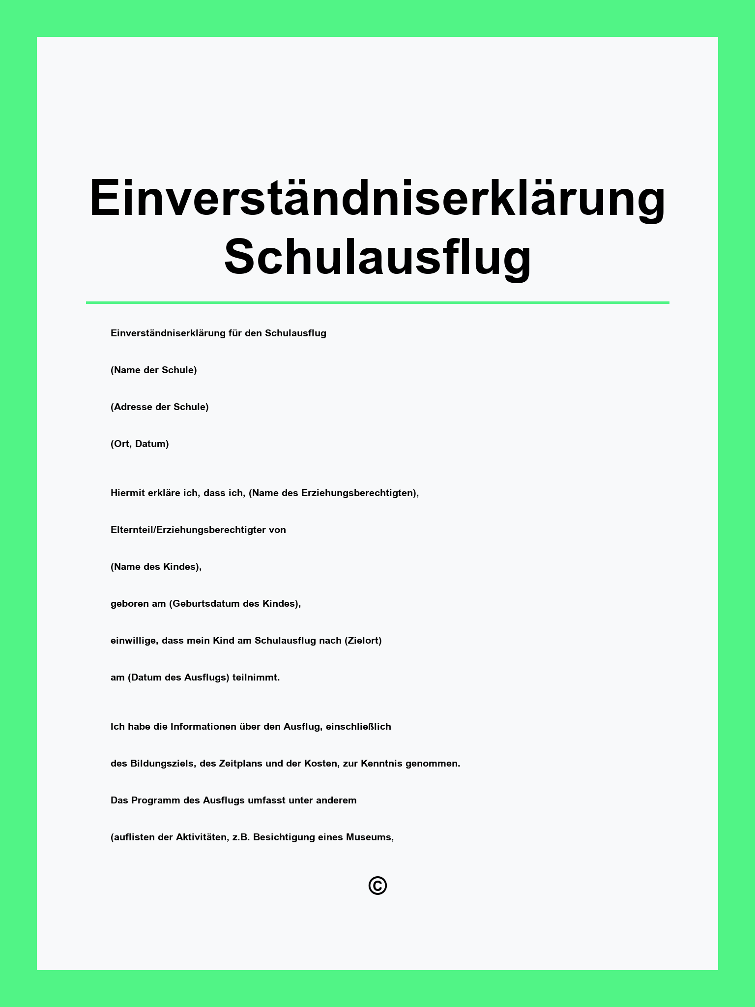 Einverständniserklärung Schulausflug Vorlage