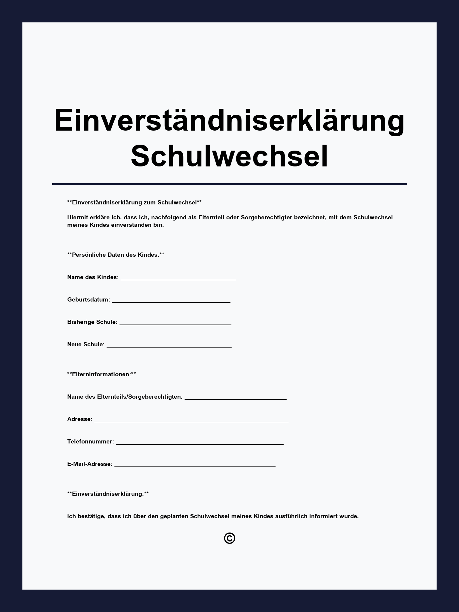 Einverständniserklärung Schulwechsel Vorlage