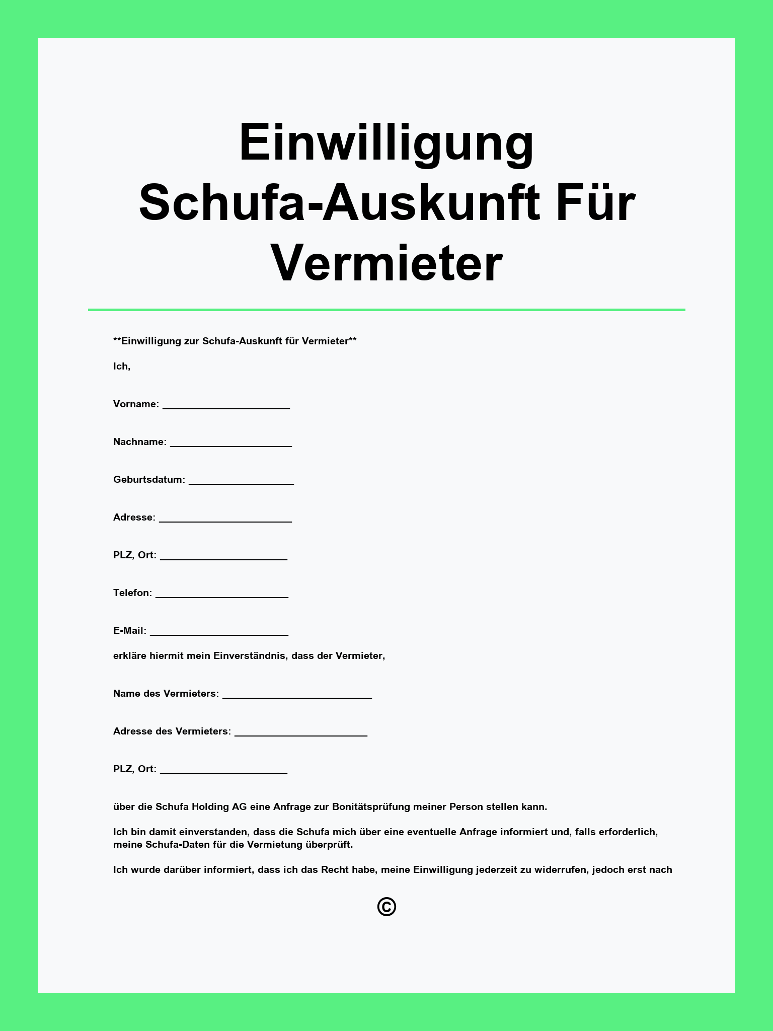 Einwilligung Schufa-Auskunft Für Vermieter Vordruck