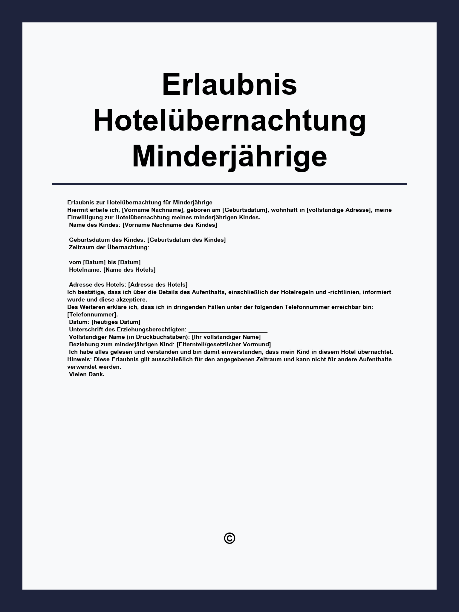 Erlaubnis Hotelübernachtung Minderjährige