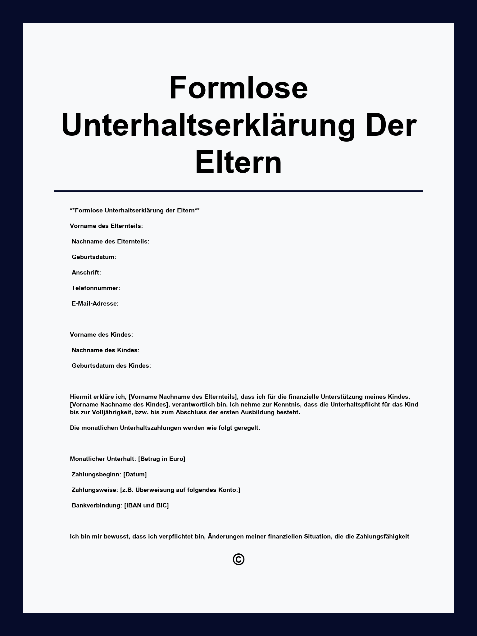 Formlose Unterhaltserklärung Der Eltern Muster