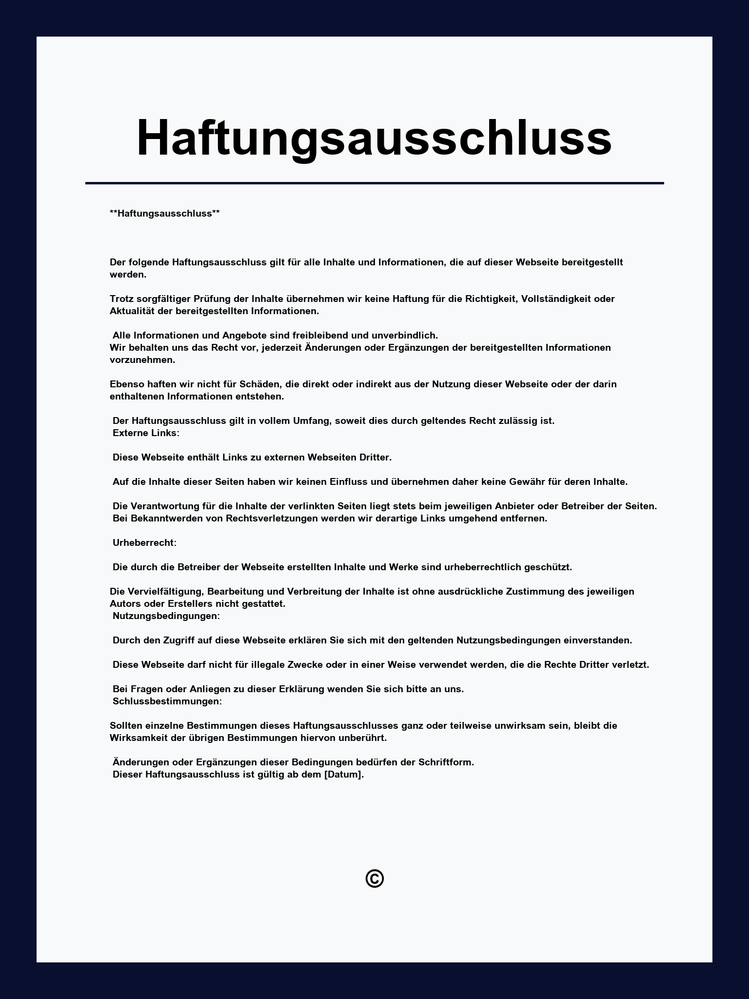 Haftungsausschluss Vorlage