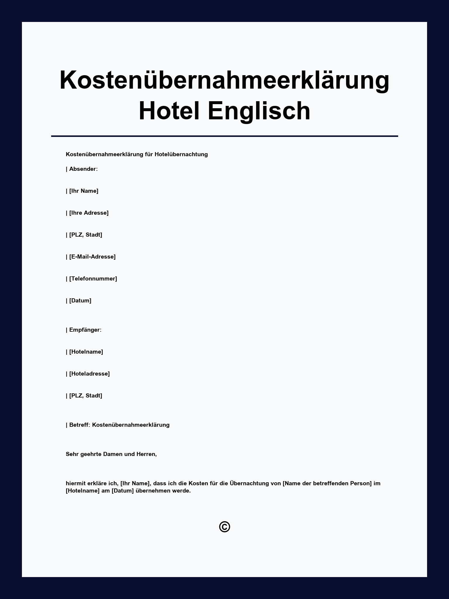 Kostenübernahmeerklärung Hotel Englisch Vorlage