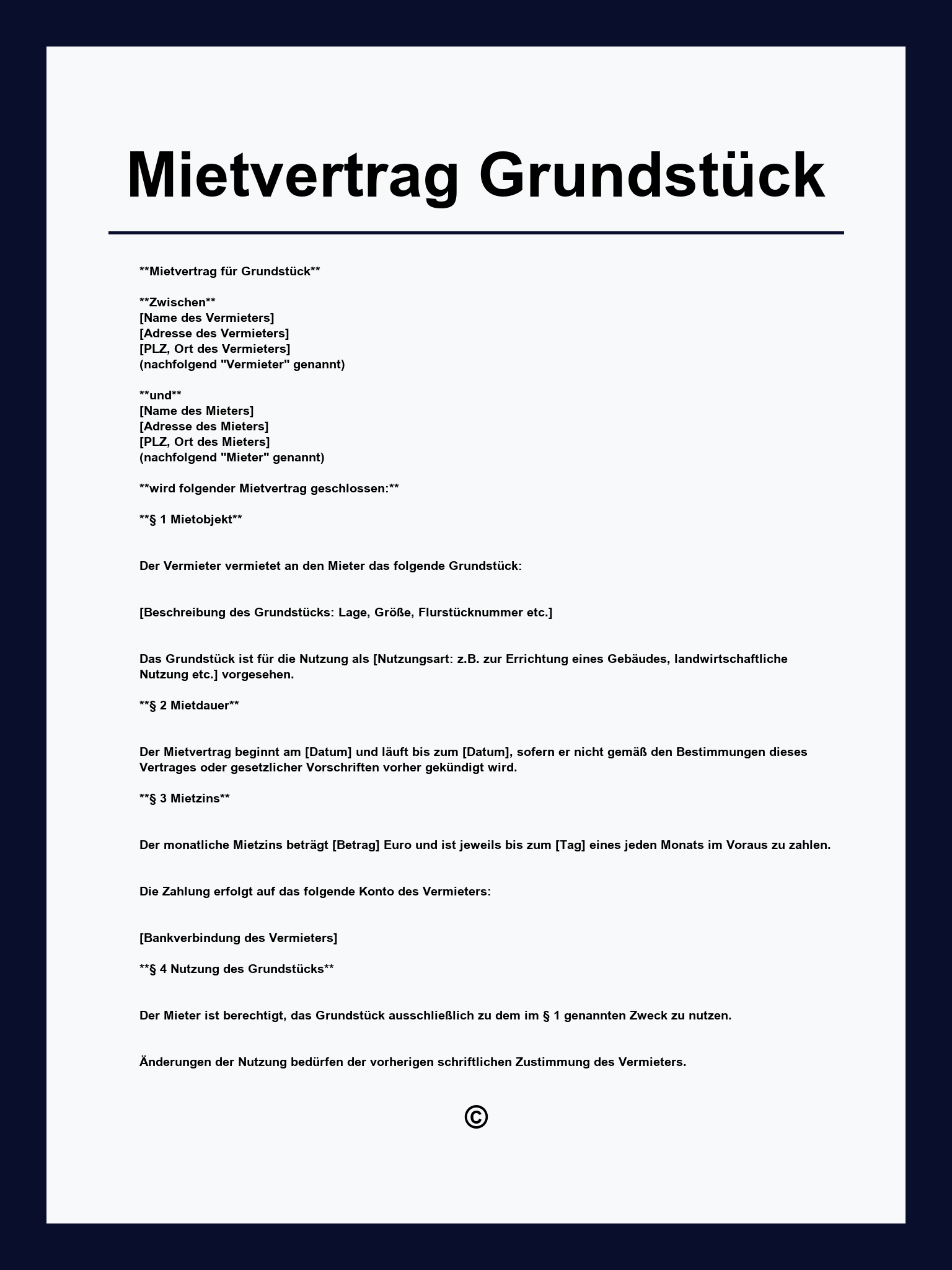 Mietvertrag Grundstück Vorlage