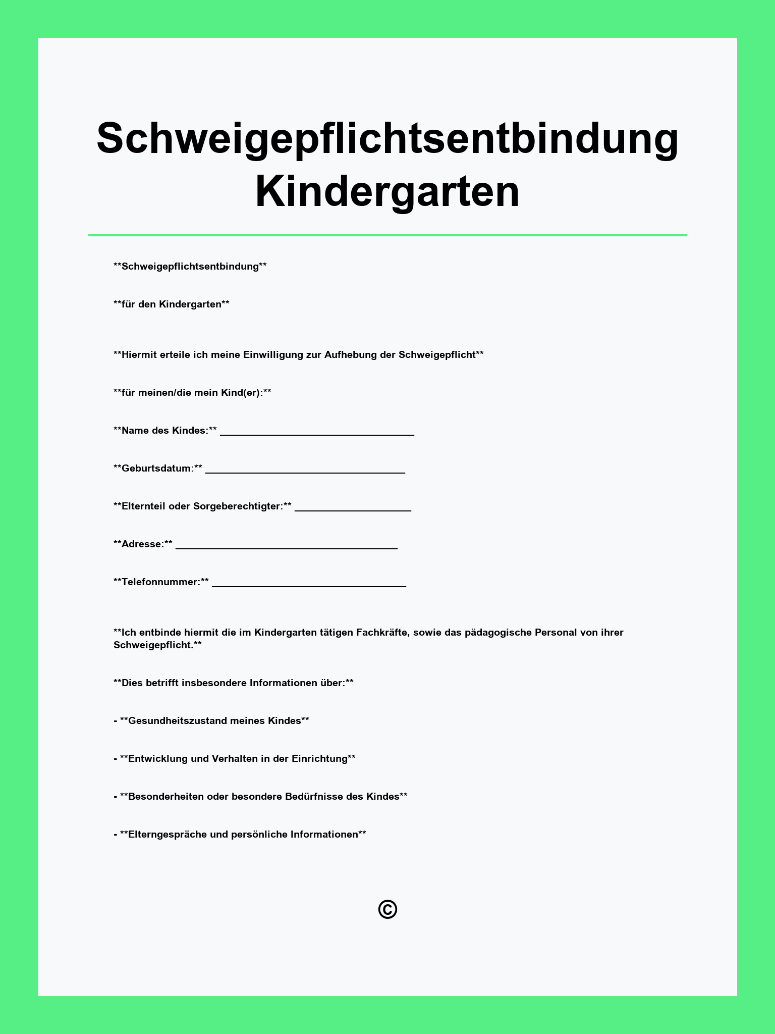 Schweigepflichtsentbindung Kindergarten