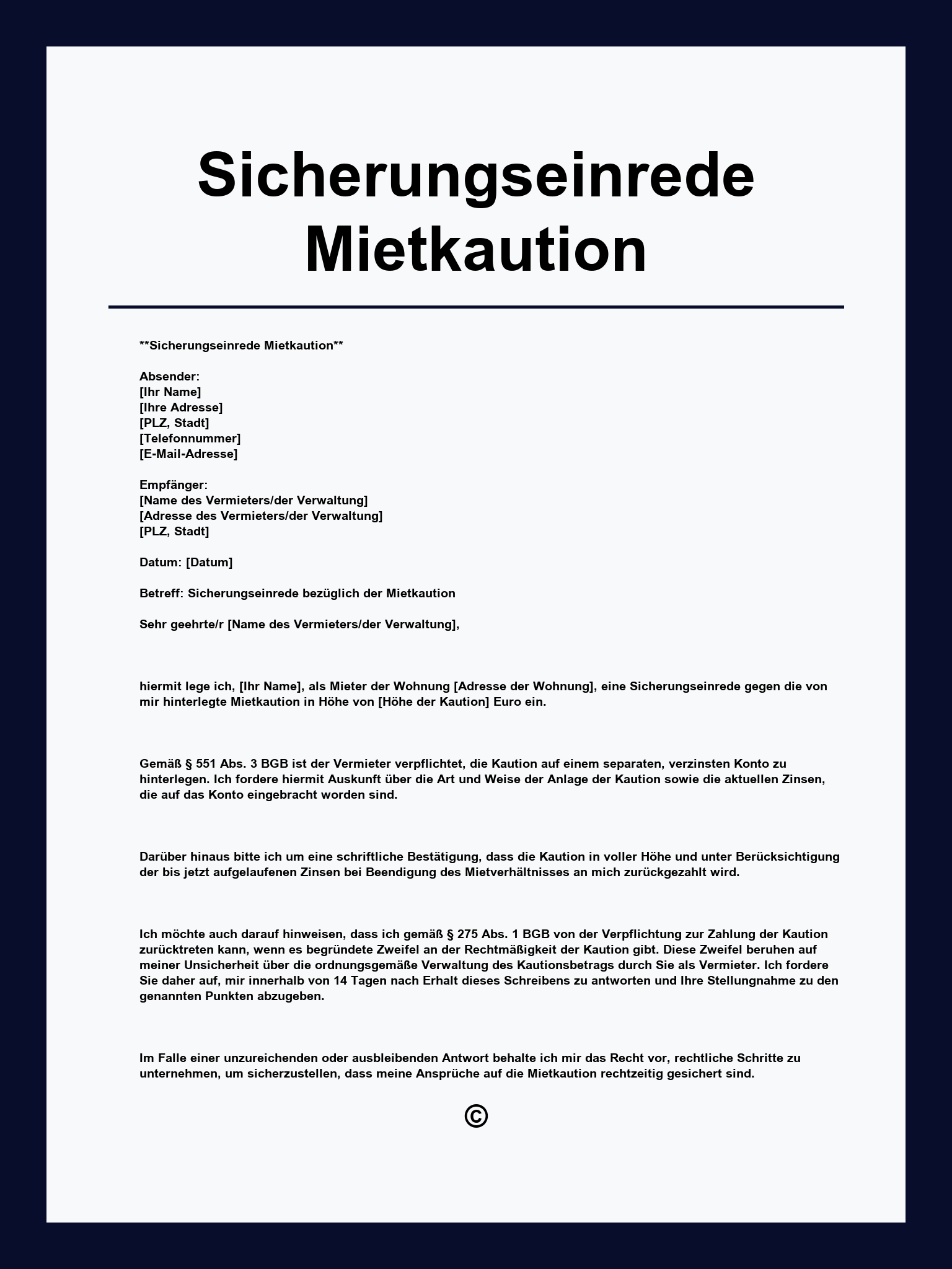 Sicherungseinrede Mietkaution Muster