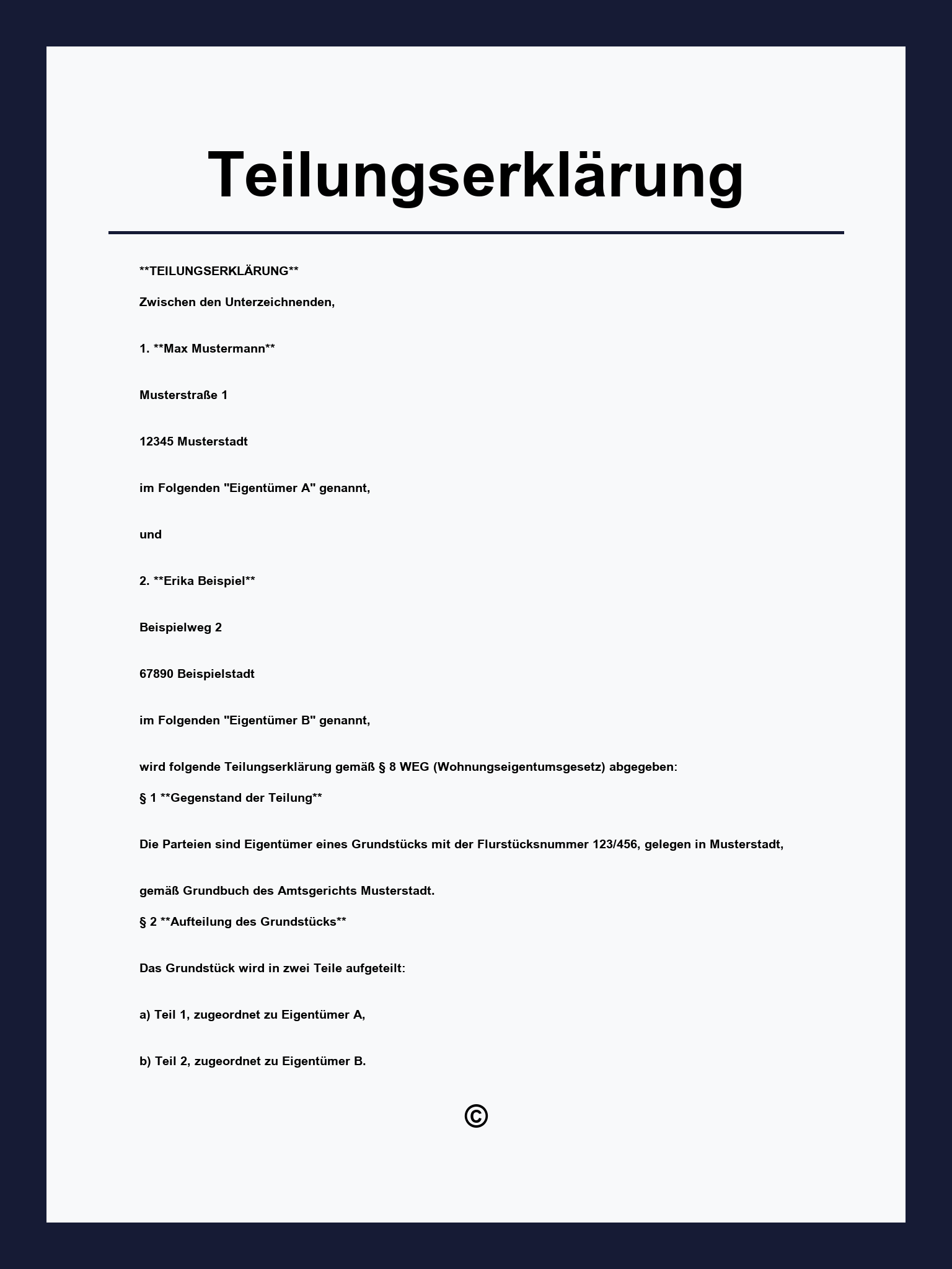 Teilungserklärung Muster