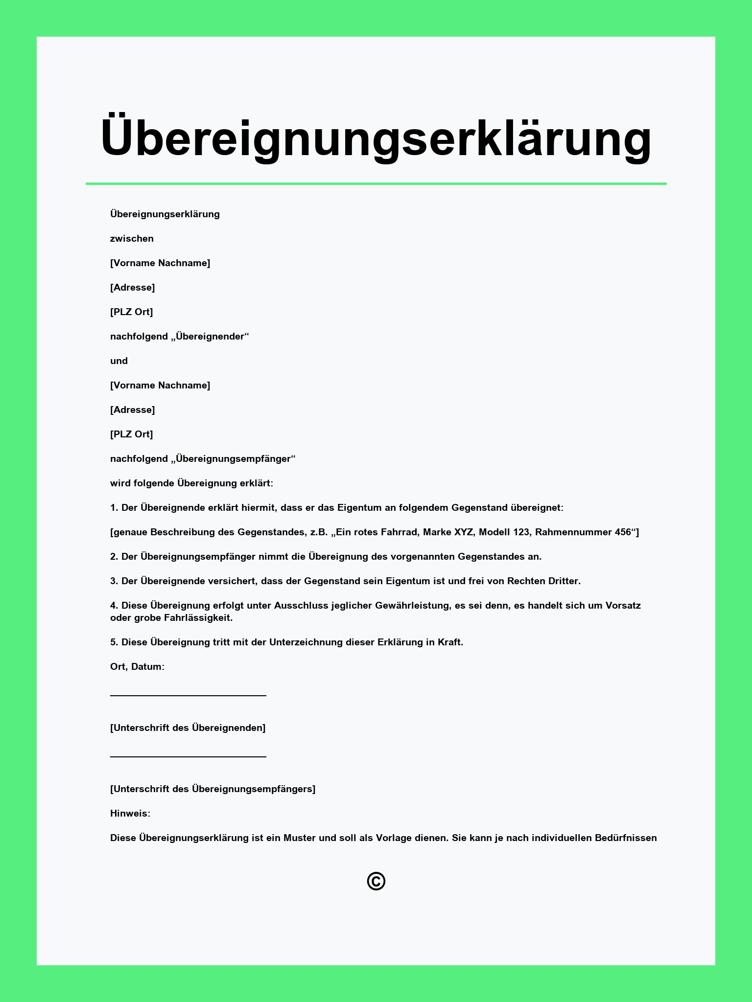 Übereignungserklärung Muster