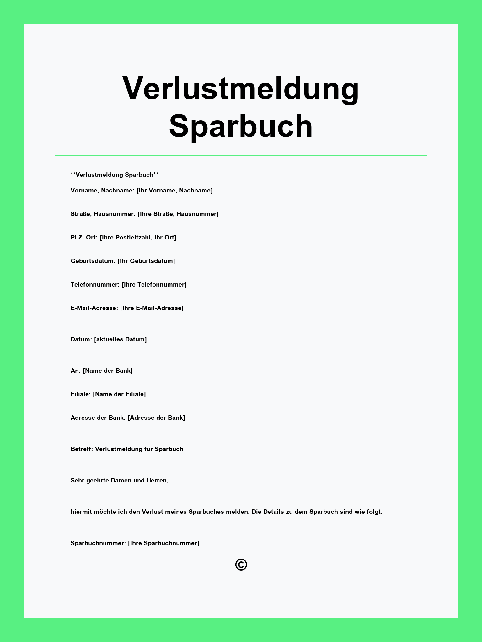 Verlustmeldung Sparbuch Vordruck