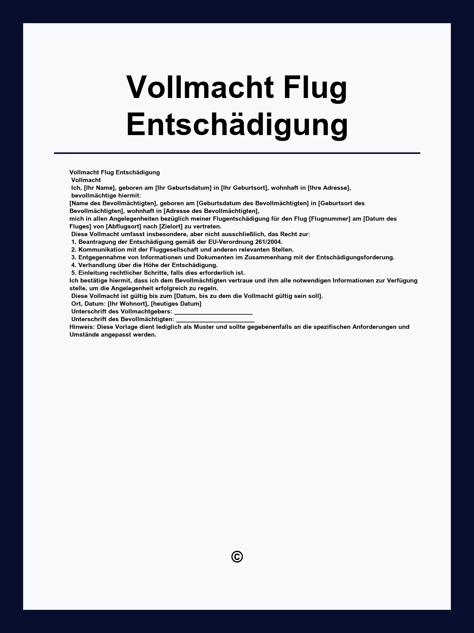Vollmacht Flug Entschädigung Vorlage