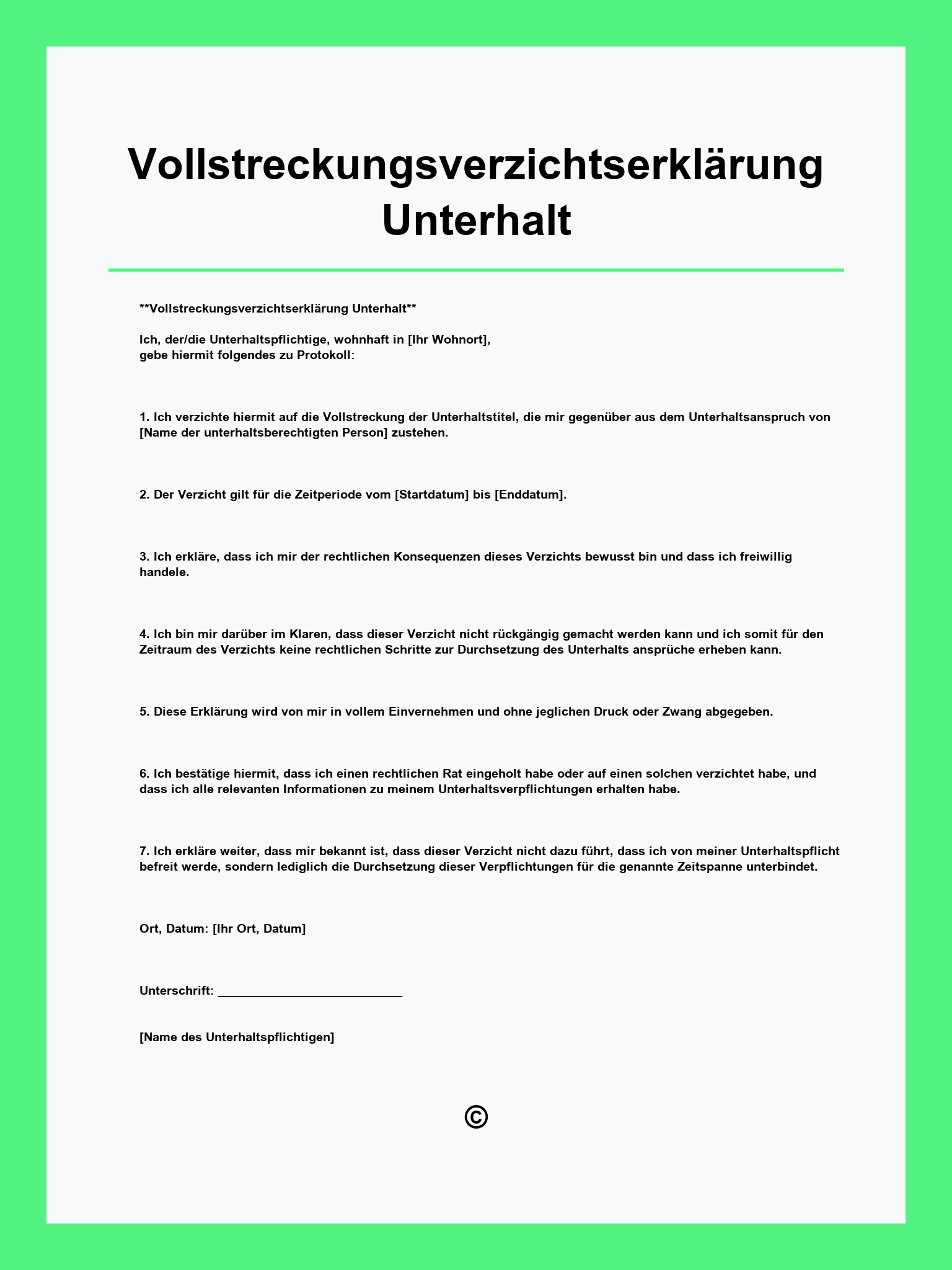Vollstreckungsverzichtserklärung Unterhalt